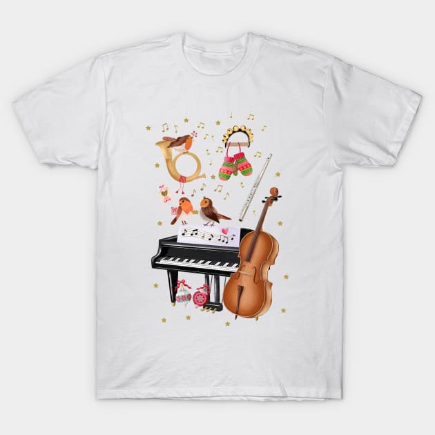 Christmas with winter birds and music instruments T-Shirt by CalliLetters